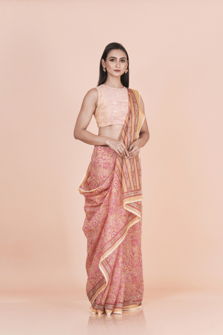 Multi coloured  floral styled digital printed with  lace border supernet saree with blouse