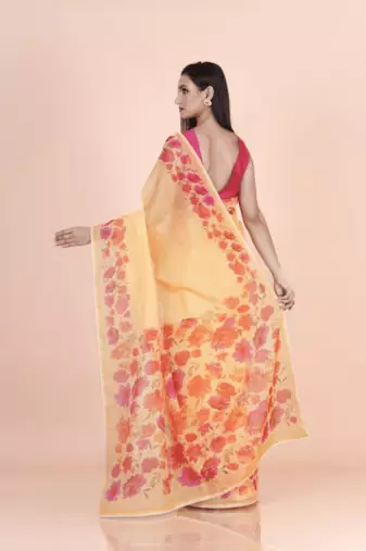 Yellow coloured  floral styled digital printed with  lace border supernet saree with blouse