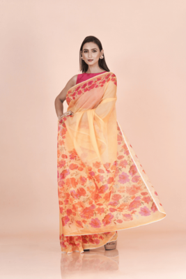 Yellow coloured  floral styled digital printed with  lace border supernet saree with blouse 3