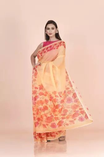 Yellow coloured  floral styled digital printed with  lace border supernet saree with blouse