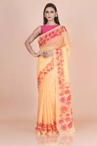 Yellow coloured  floral styled digital printed with  lace border supernet saree with blouse