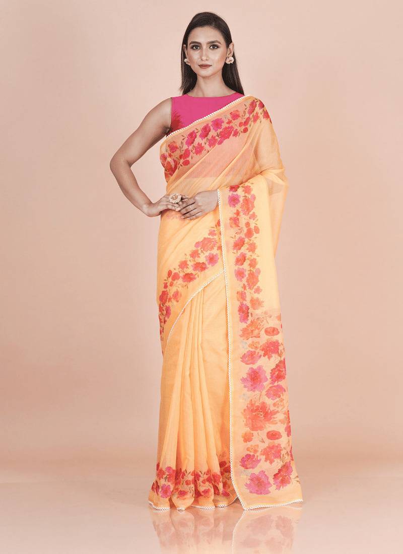 Yellow coloured  floral styled digital printed with  lace border supernet saree with blouse