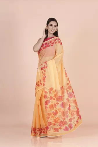 Yellow coloured  floral styled digital printed with  lace border supernet saree with blouse