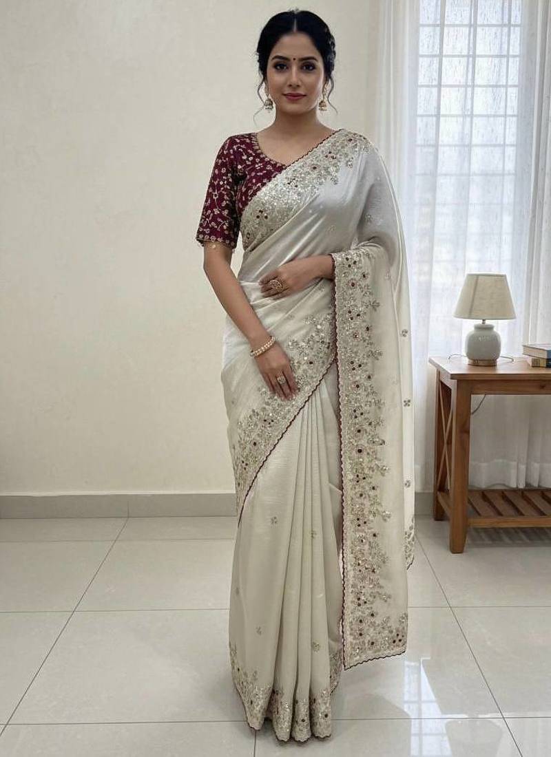 New Jimmy Chu Beautiful Sequence embroidery work Saree With Blouse Set