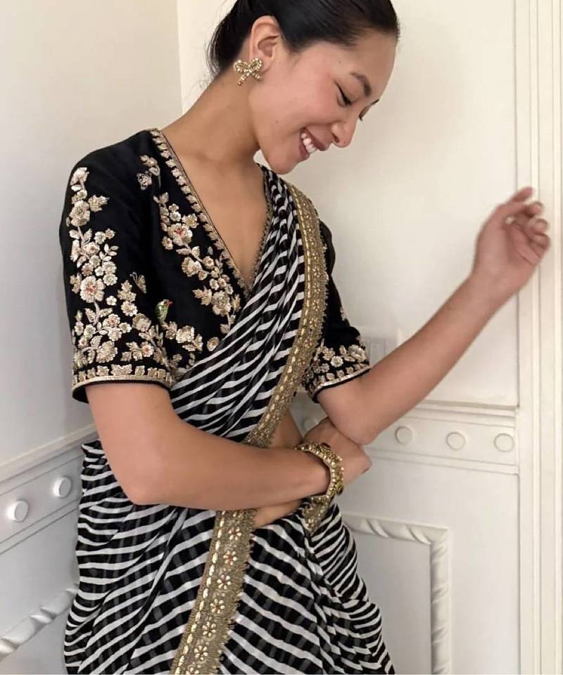  Soft georgette with beautiful leriya Print Sequance Embroidery Worked Saree With Blouse Set