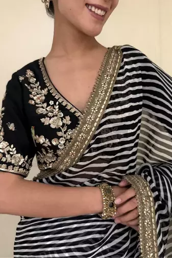 black soft georgette leheriya print sequin work saree