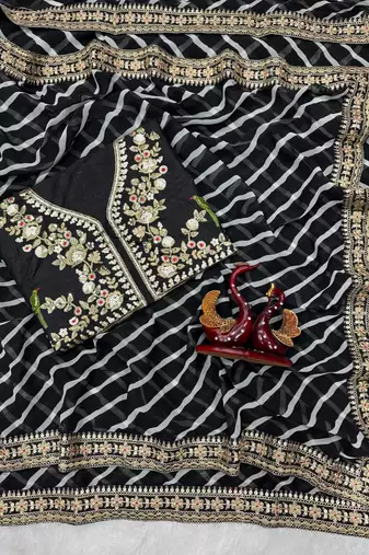 black soft georgette leheriya print sequin work saree