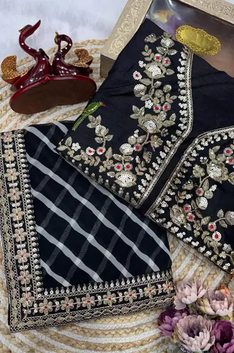 black soft georgette leheriya print sequin work saree
