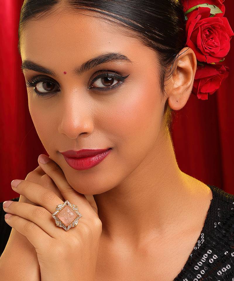 Gold plated kundan pink stones ring