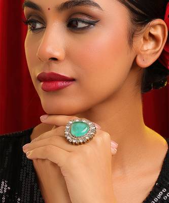 Gold plated kundan green stones ring 1