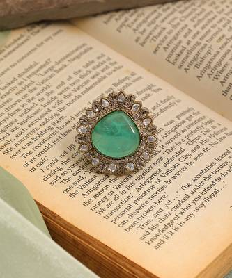 Gold plated kundan green stones ring 2