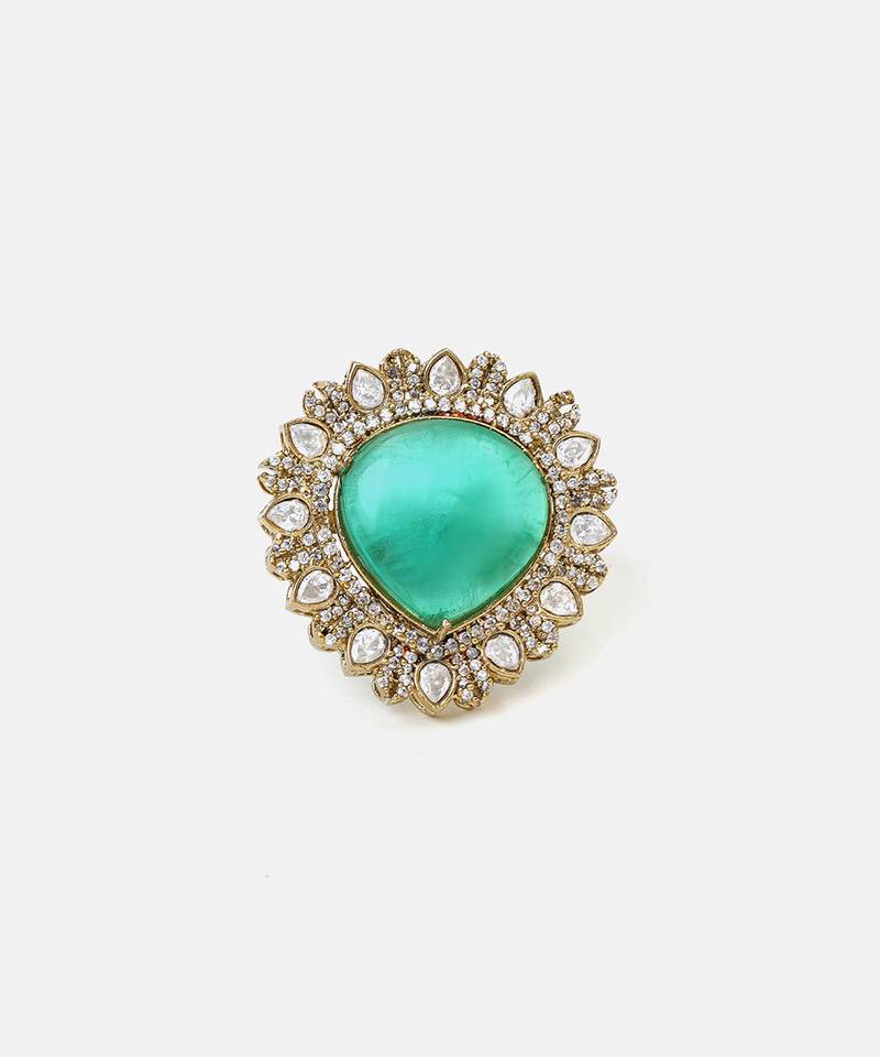 Gold plated kundan green stones ring