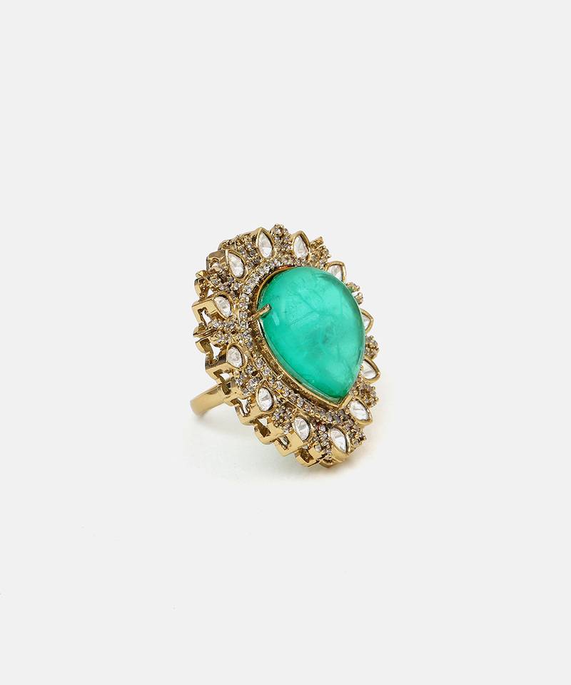 Gold plated kundan green stones ring