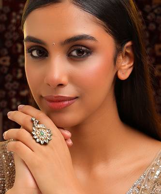 Gold plated kundan green stones ring 1