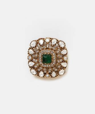 Gold plated kundan green stones brooch 3