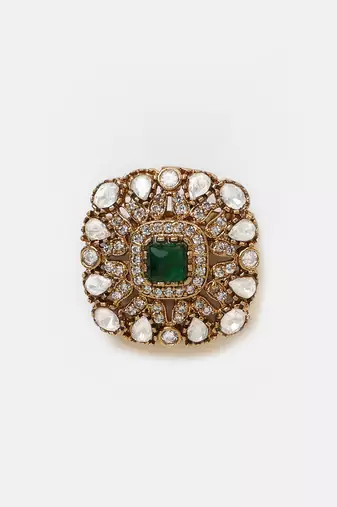 Gold plated kundan green stones brooch