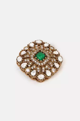 Gold plated kundan green stones brooch
