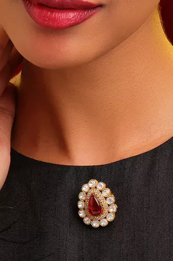 Gold plated kundan red stones brooch