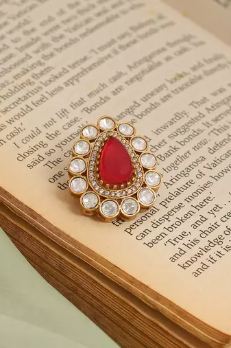 Gold plated kundan red stones brooch