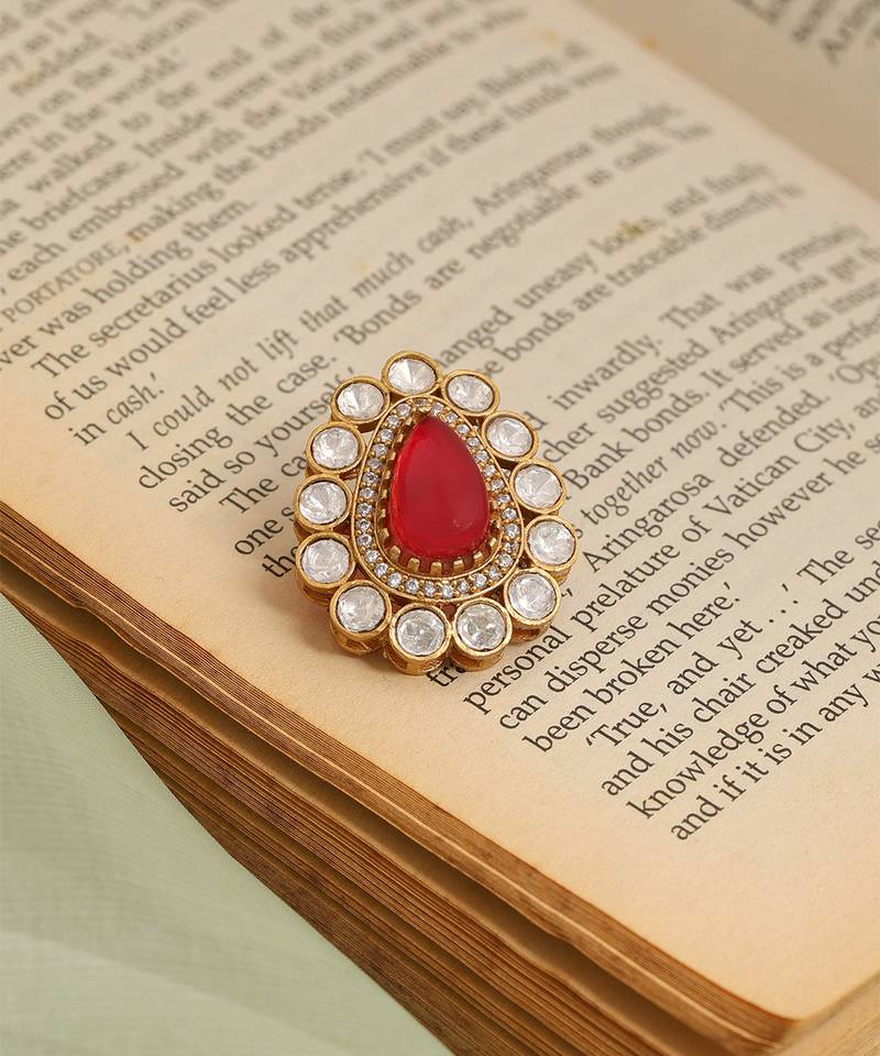 Gold plated kundan red stones brooch