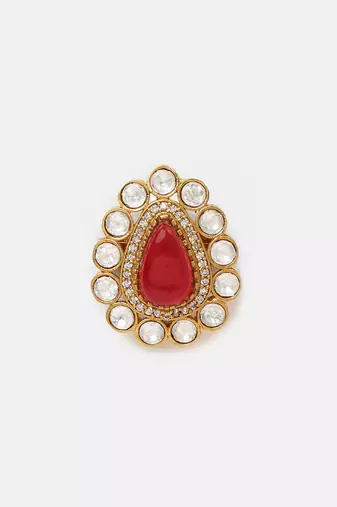 Gold plated kundan red stones brooch