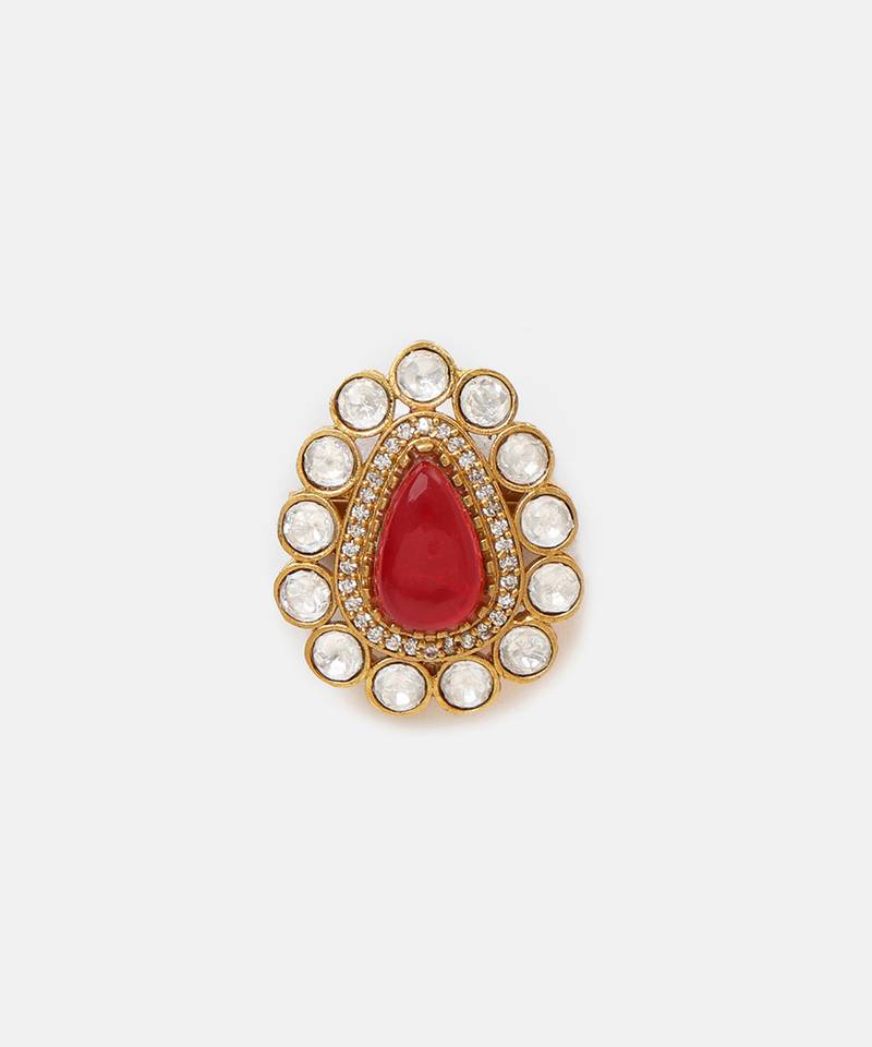 Gold plated kundan red stones brooch