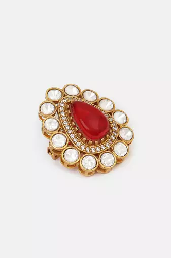 Gold plated kundan red stones brooch