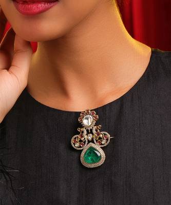Gold plated kundan green stones brooch 1