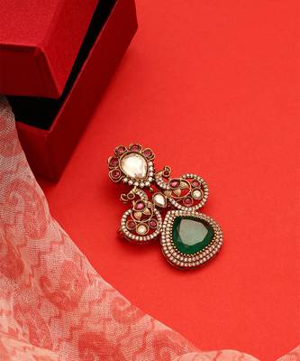 Gold plated kundan green stones brooch 2