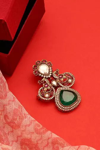 Gold plated kundan green stones brooch