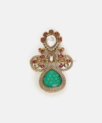 Gold plated kundan green stones brooch 3