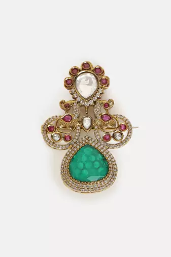 Gold plated kundan green stones brooch