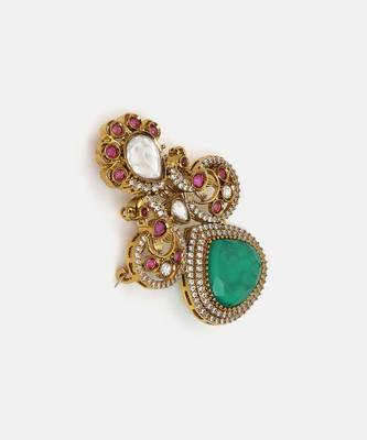 Gold plated kundan green stones brooch 4