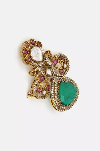 Gold plated kundan green stones brooch
