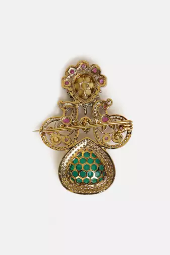 Gold plated kundan green stones brooch