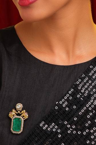 Gold plated kundan green stones brooch