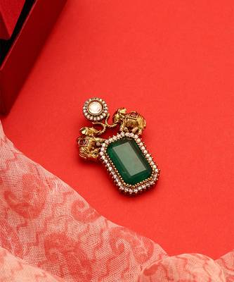 Gold plated kundan green stones brooch 2