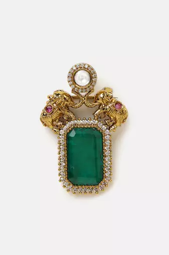 Gold plated kundan green stones brooch
