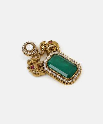 Gold plated kundan green stones brooch 4