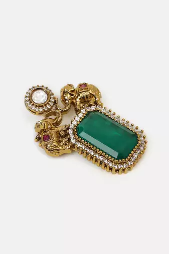 Gold plated kundan green stones brooch