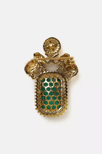 Gold plated kundan green stones brooch