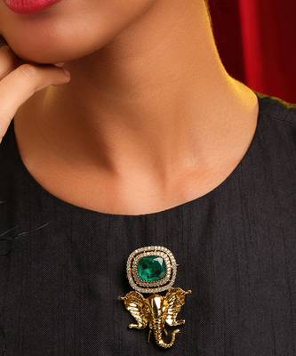 Gold plated kundan green stones brooch 1