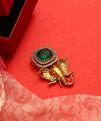 Gold plated kundan green stones brooch 2