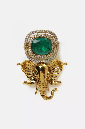 Gold plated kundan green stones brooch