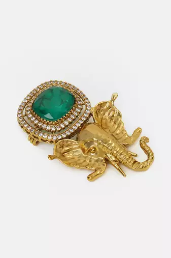 Gold plated kundan green stones brooch