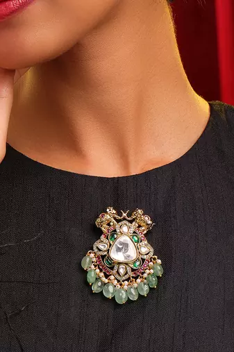 Gold plated kundan multicolor stones brooch