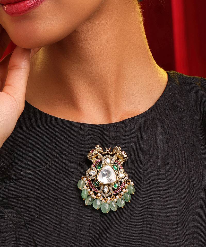 Gold plated kundan multicolor stones brooch