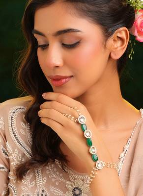 Gold plated kundan green stones haath phool 1