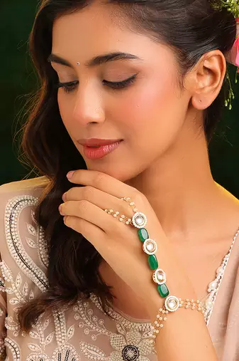 Gold plated kundan green stones haath phool