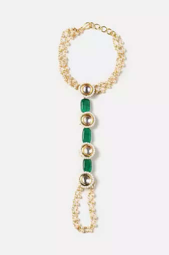Gold plated kundan green stones haath phool